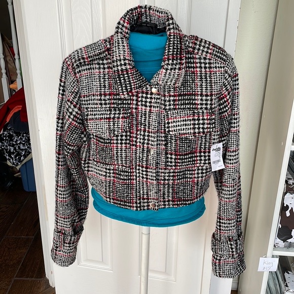 Brand new Charlotte russe Red black and white plaid bomber jacket, size S - Picture 5 of 7